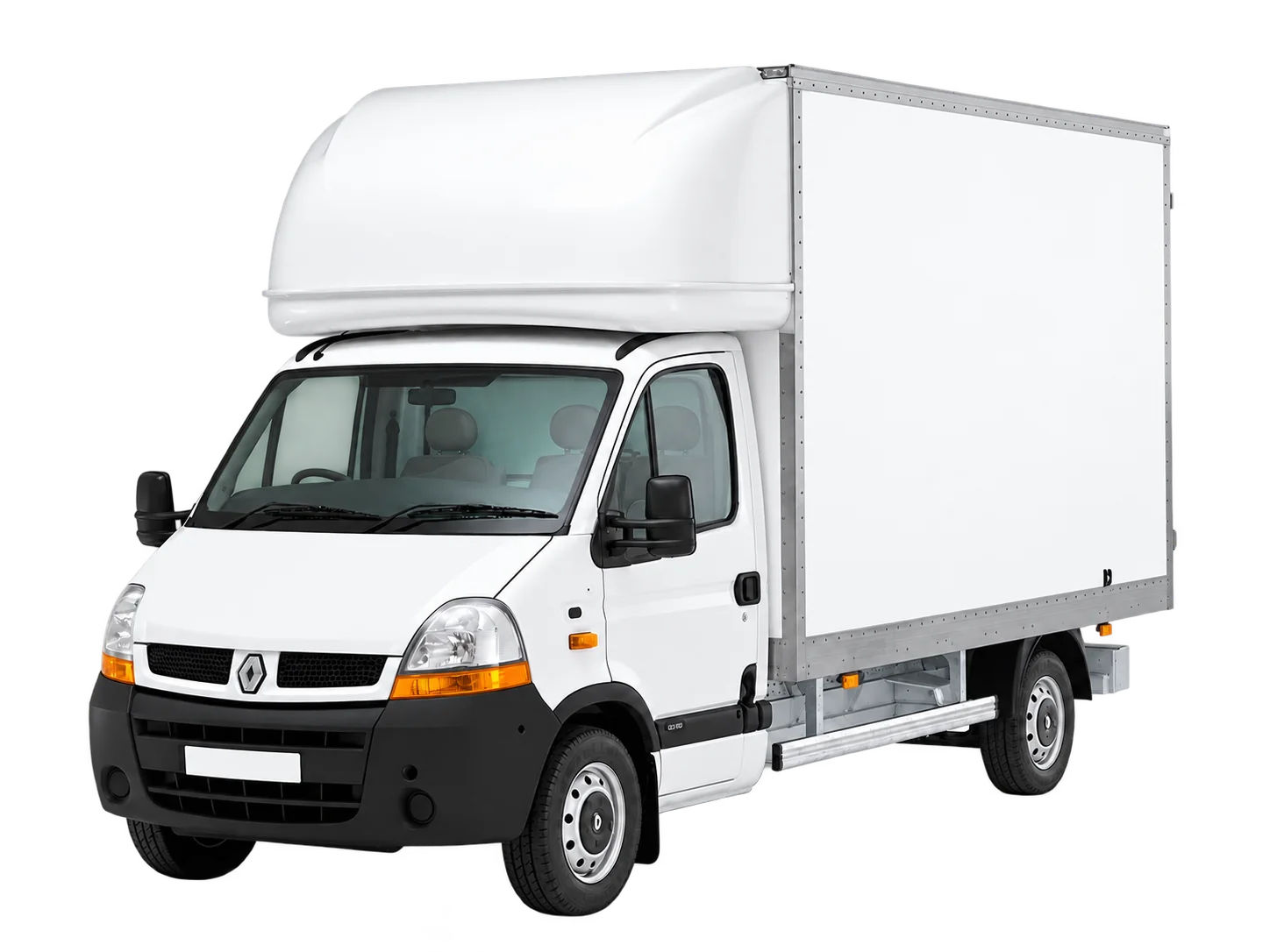 Un camion utilitaire blanc à caisse de déménagement, vu de trois quarts avant.