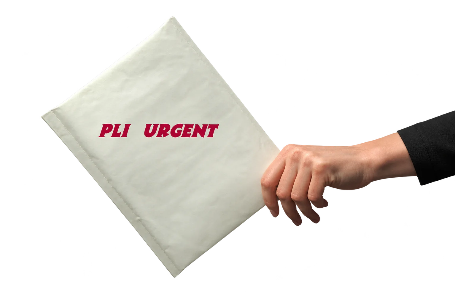 Une main tient une enveloppe matelassée blanche sur laquelle est écrit « PLI URGENT » en lettres rouges, devant un fond gris uni.